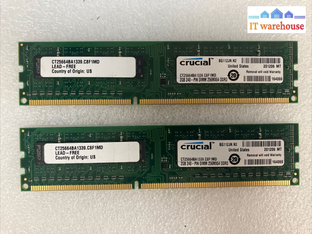 (2x 2GB) Crucial BG112JN.N2 DDR3-1333 PC3-10600 CT25664BA1339 .C8F1MD DIMM RAM ~