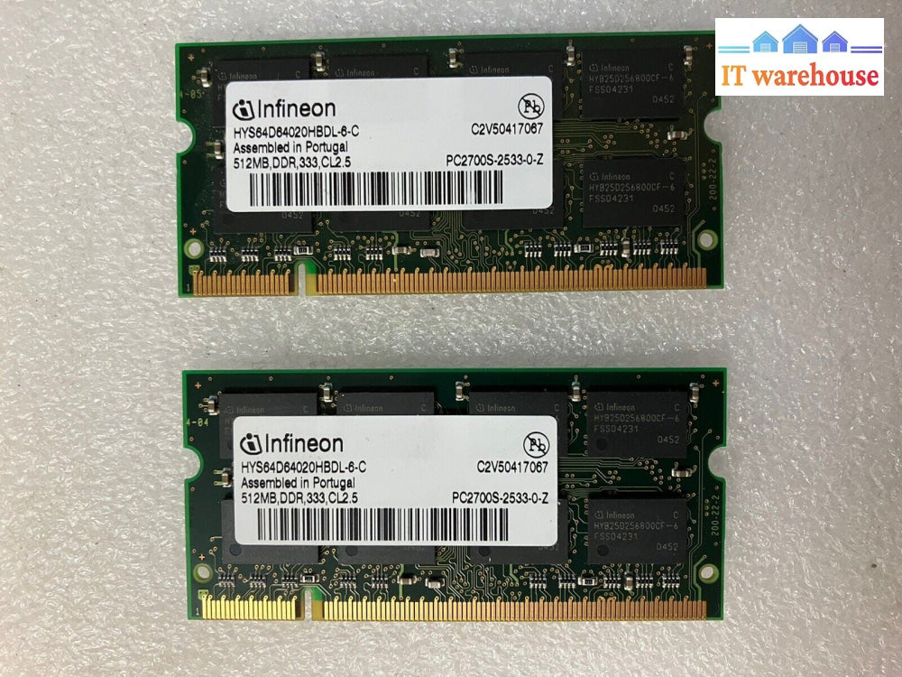 (2x 512MB) Infineon HYS64D64020HBDL PC-2700S DDR-333 SO-DIMM Laptop DDR1 RAM ~