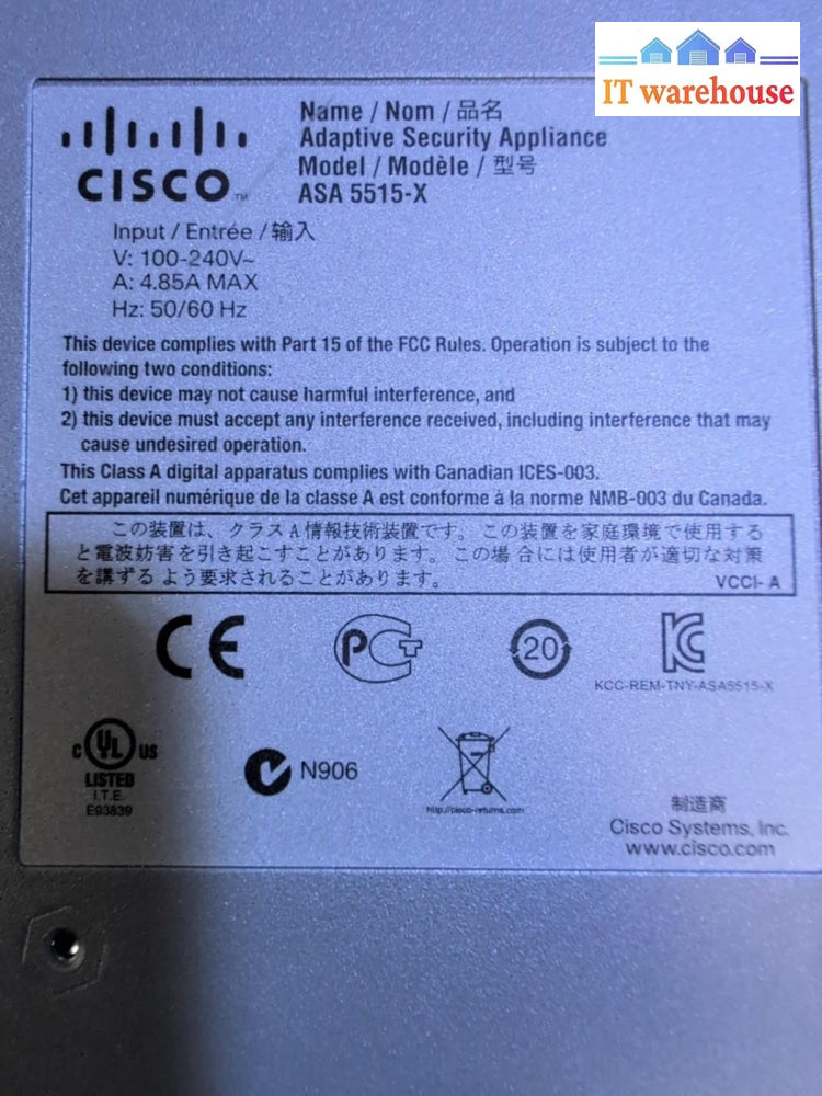 2x Cisco ASA-5515-X Adaptive Security Appliance Firewall ASA5515 (No HDD) -