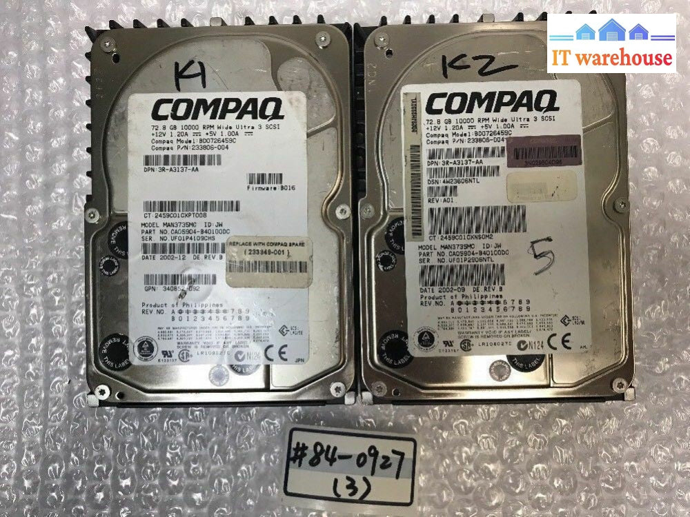 2x Compaq 3.5" 72.8 GB Wide Ultra 320 SCSI Hard Drive MAN3735MC 233806-004 @