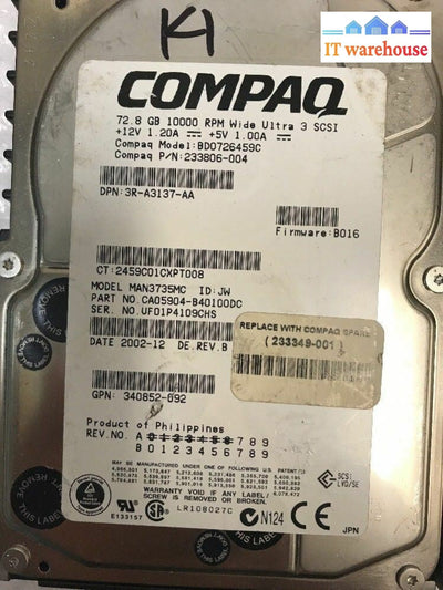 2x Compaq 3.5" 72.8 GB Wide Ultra 320 SCSI Hard Drive MAN3735MC 233806-004 @