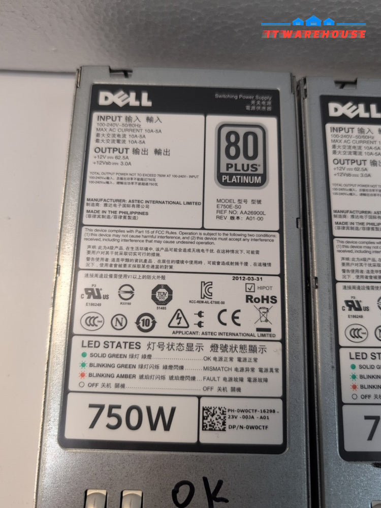 2x Dell W0CTF 750W Hot Swap Power Supply For PowerEdge R720 R620  Tested -