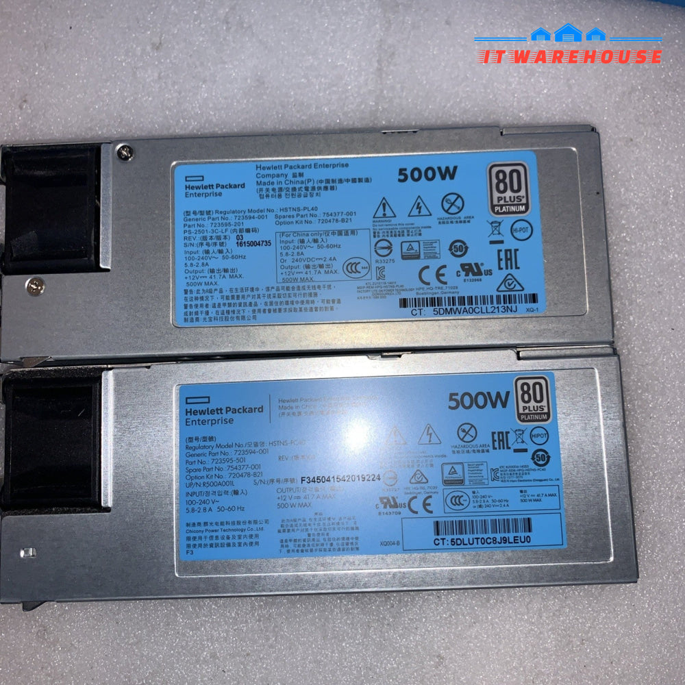 2x Grade A * HPE 500W 80+ HOT PLUG POWER SUPPLY 754377-001 723594-001 720478-B21