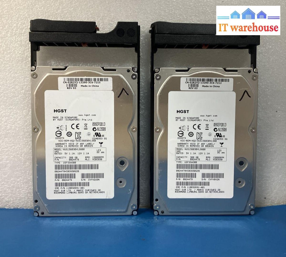 2X Hgst Hus156030Vls600 300Gb 15K 3.5’ Sas Hdd P/N 0B24479 W/ Caddy 005049034 ~