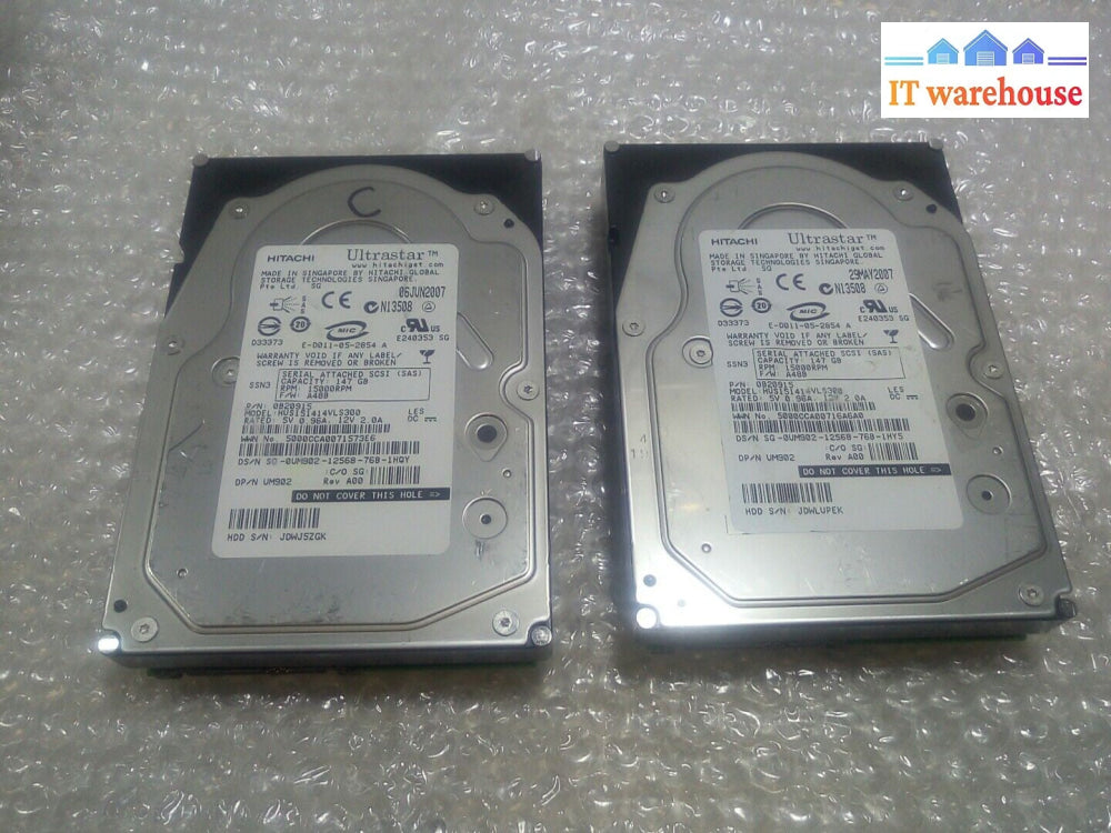 - 2x Hitachi Ultrastar 147GB 15000RPM SAS HDD HUS151414VLS300 0B20915 0UM902 @@@