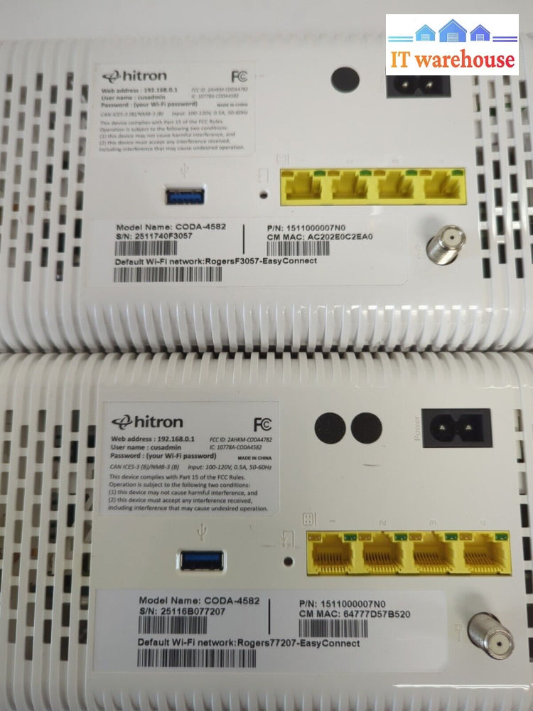 2x Hitron CODA-4582 DOCSIS 3.1 Wi-Fi Gateway Modem Router Combo