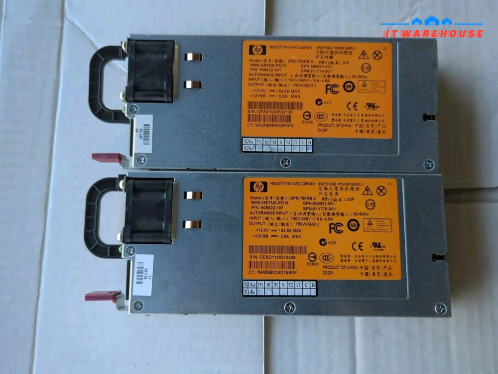 2x HP HSTNS-PD18 DPS-750RB  506822-101 750W Power Supply 511778/506821-001 -