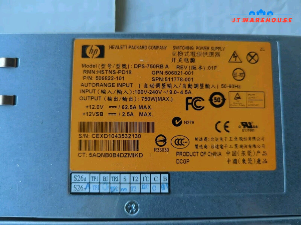 2x HP HSTNS-PD18 DPS-750RB  506822-101 750W Power Supply 511778/506821-001 -