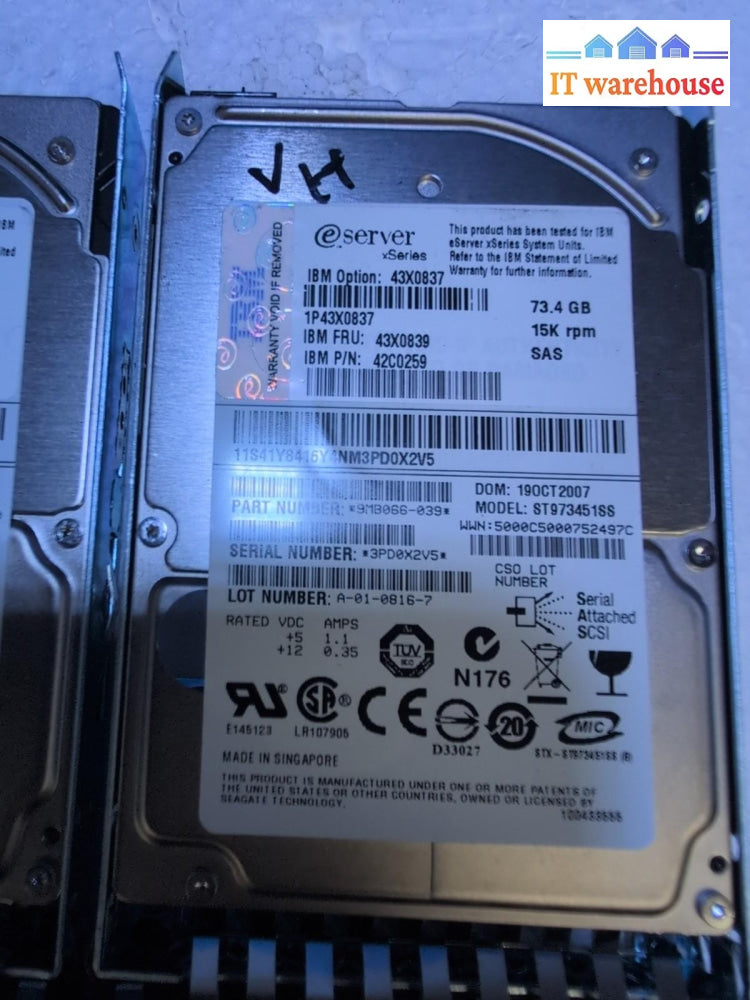 2x IBM 43X0837 73.4GB 2.5" SAS Hard Drive With Caddy Tested -