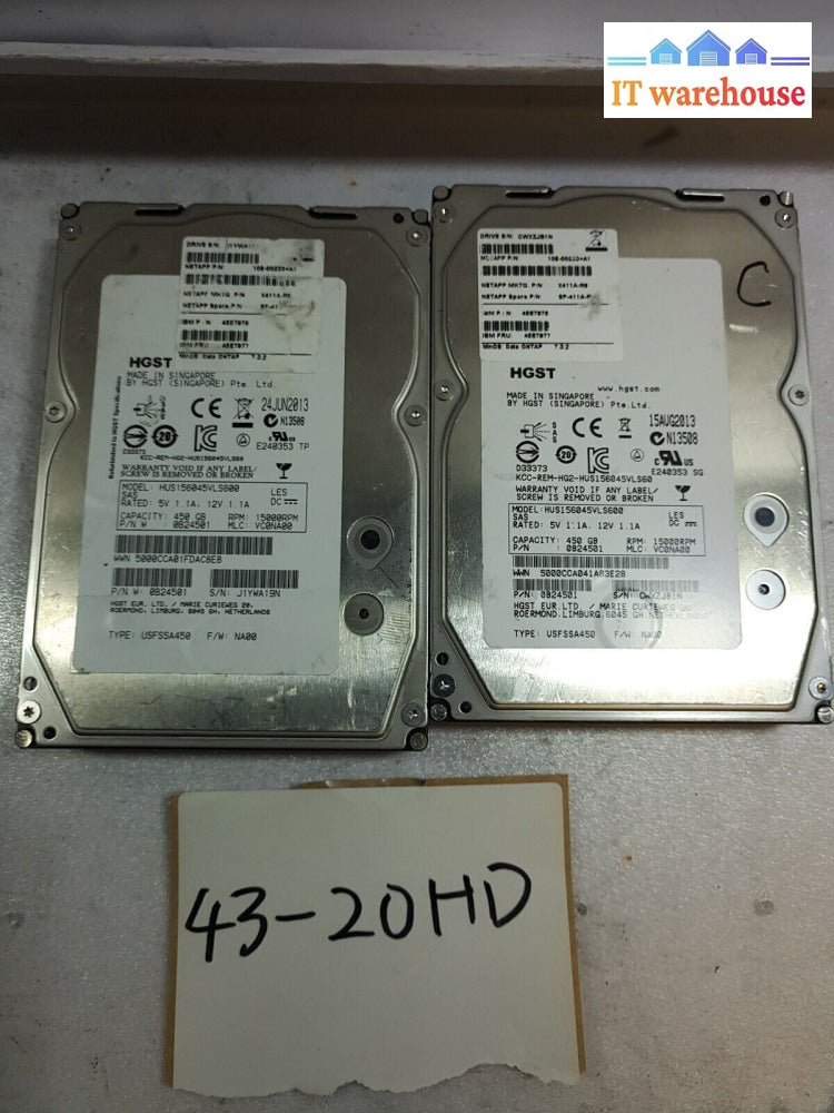 - 2x IBM 45E7975  45E7977 NetApp X411A-R6 450GB 15K RPM SAS HDD 108-00233+A1