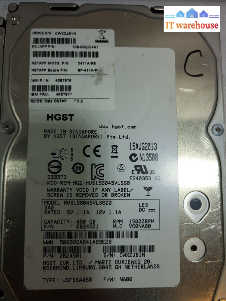- 2x IBM 45E7975  45E7977 NetApp X411A-R6 450GB 15K RPM SAS HDD 108-00233+A1