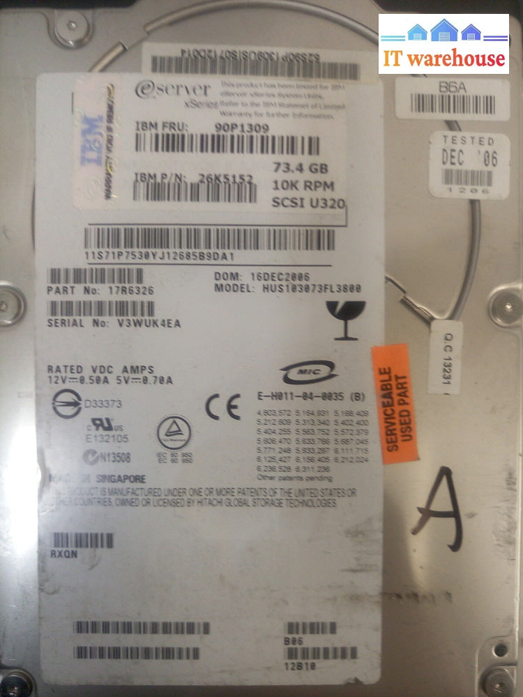 -2X Ibm Fru 90P1309 26K5152 Scsi 10K Rpm 73Gb Hard Drive W/ Caddy 25R4100 @@@