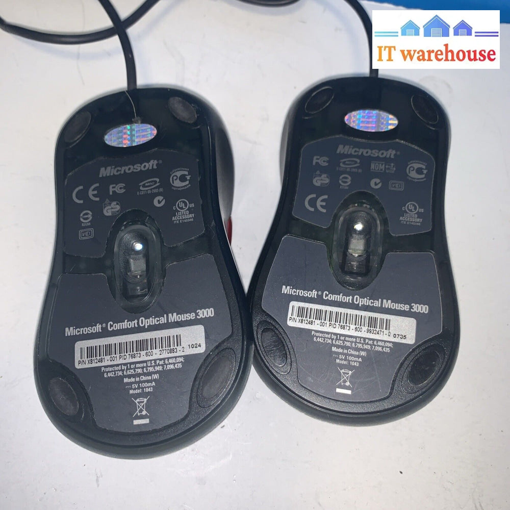 2x Microsoft Comfort Optical Mouse 3000 Model 1043 X812481-002 Wired USB