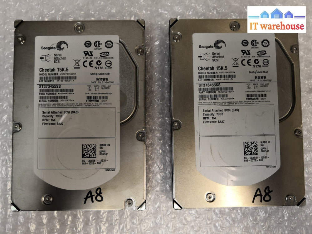 2x Seagate 3.5" 73GB 15K RPM SAS HDD ST373455SS 0GY581 @