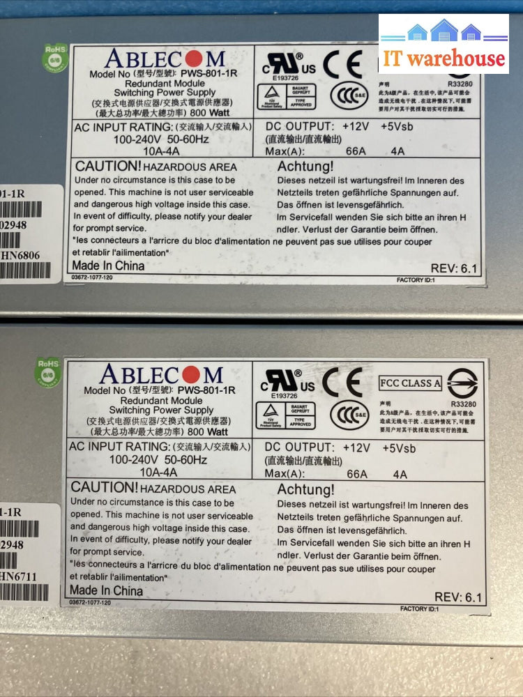 2x Supermicro Ablecom PWS-801-1R Redundant 800W Module Switching Power Supply ~