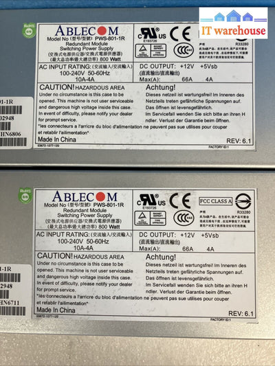 2x Supermicro Ablecom PWS-801-1R Redundant 800W Module Switching Power Supply ~