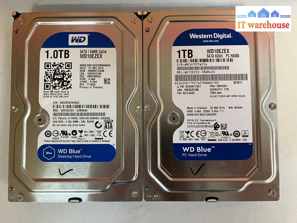 ~2X Wd Blue 1Tb 3.5’ Desktop Hard Disk Drive Wd10Ezex 7200 Rpm Sata 64Mb 00Pc551