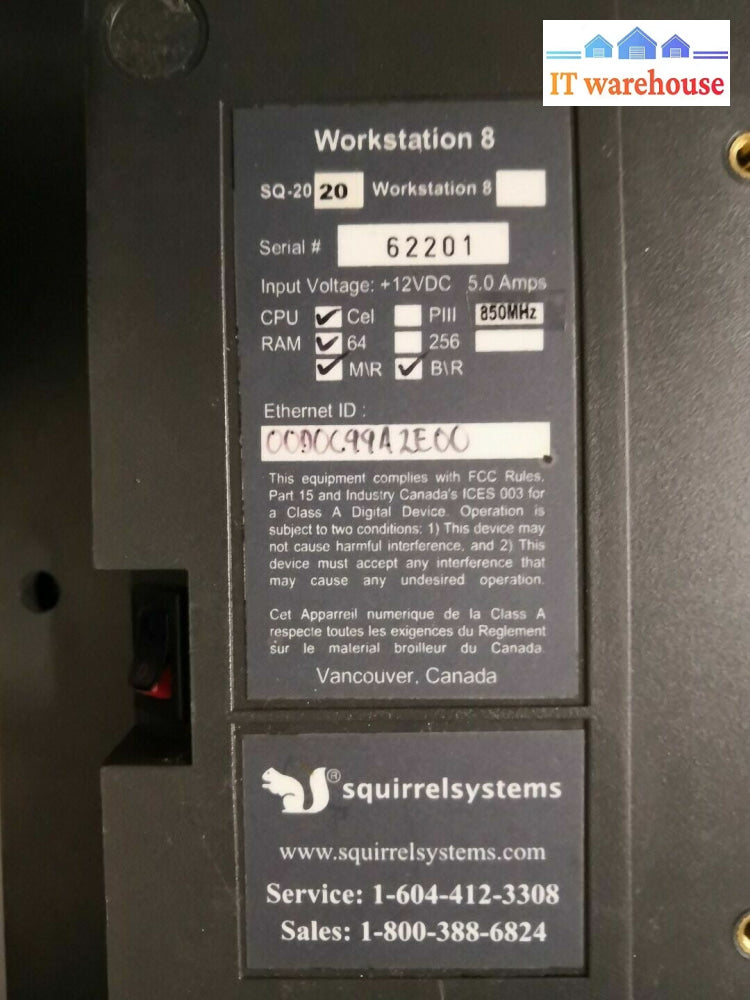 -2XSquirrel Systems Workstation 8 SQ-2020 Restaurant Point Of Sale System W/AC~@