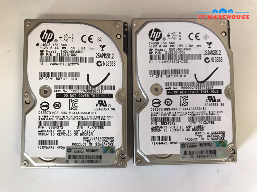 ~ 3×  HP EH0146FARWD 2.5” 146GB SAS HDD