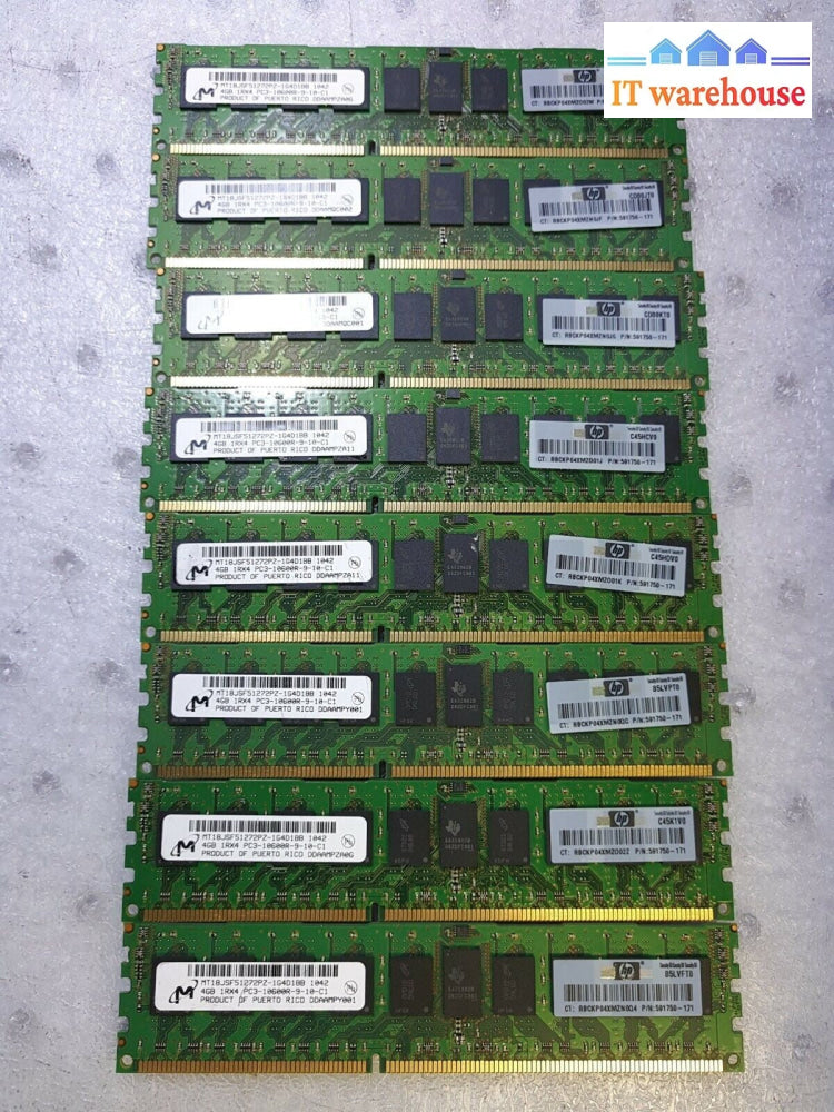 - 32GB (8x4GB) Micron MT18JSF51272PZ-1G4D1BB PC3-10600R Server RAM 591750-171