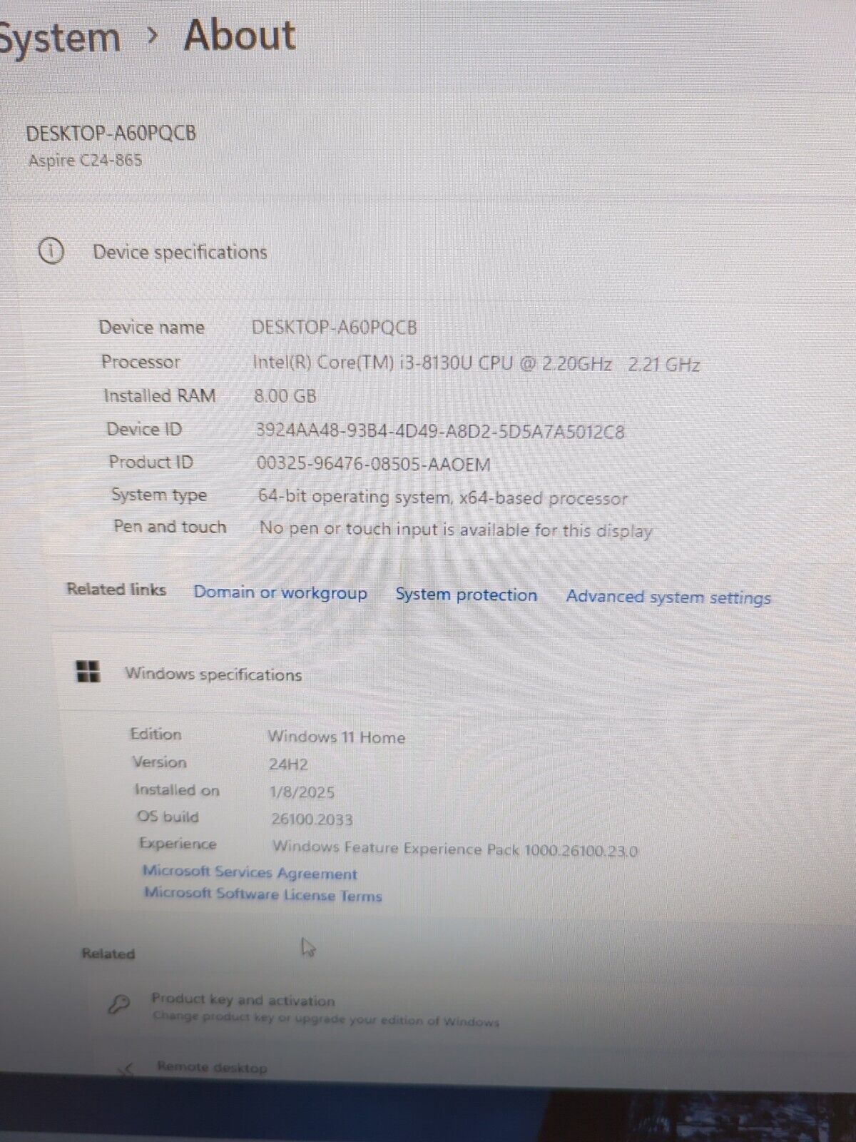 NICE Acer Aspire C24-865 D17W3 24" All In One i3-8130U CPU/ 8GB/ 1TB HDD/WIN 11-
