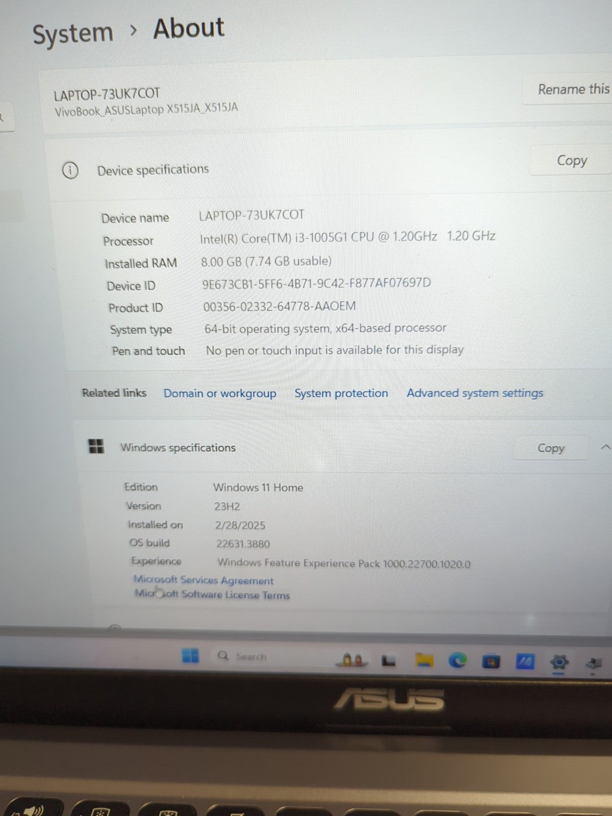 ASUS Vivobook X515J 15.6" LAPTOP  i3-1005G1 CPU/8GB Ram/256GB SSD/Win11 (*Read)-