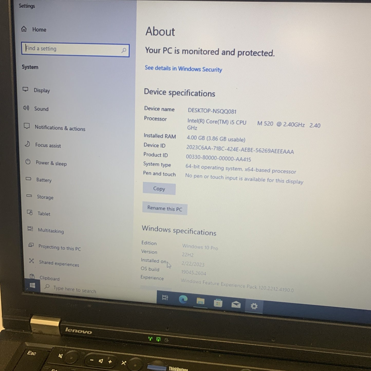 Lenovo ThinkPad T410 Intel Core i5-520M 4.1" 4GB DDR3 4GB 250GB HD Windows 10