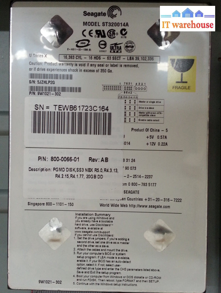 3Com 3C10201 Superstack 3 Nbx Call Processor + Seagate St320014A 20Gb 9W1021-302