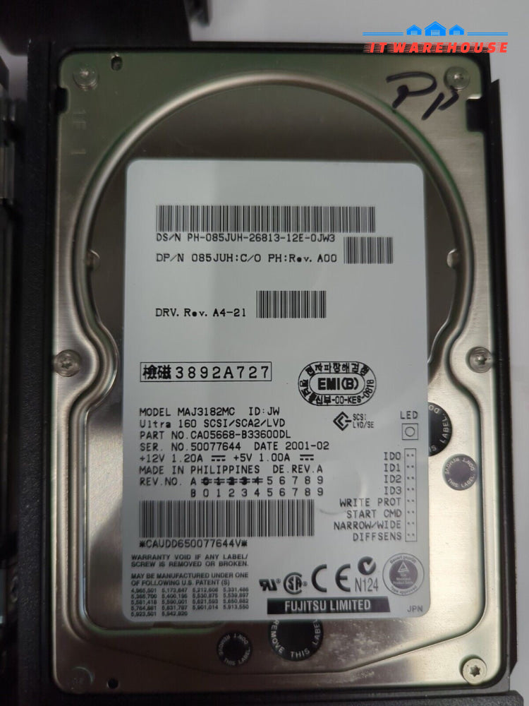 3Fujitsu Dell MAJ3182MC 085JUH 18GB 10000RPM 4MB  U160 SCSI Hard Drives W/Caddy-