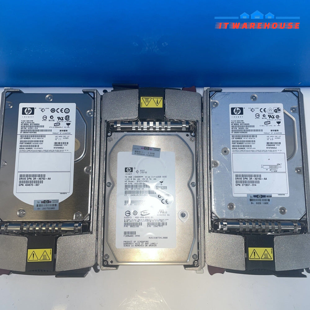 3x    HP 72.8GB, 15K RPM, 3.5 in. Ultra320 SCSI server HDD with 289042-001 caddy