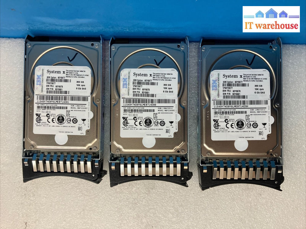 3X Ibm 90Y8877 300Gb 10K Sas 2.5’ Hdd Mbf2300Rc Fru 90Y8878 Pn 90Y8881 + Caddy ~
