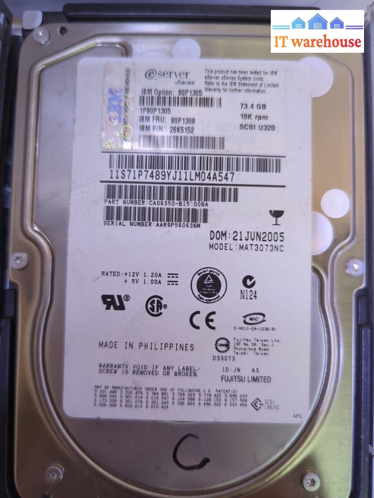 - 3x IBM FRU 90P1309 26K5152 SCSI 10K RPM 73GB Hard Drive w/ caddy 25R4100