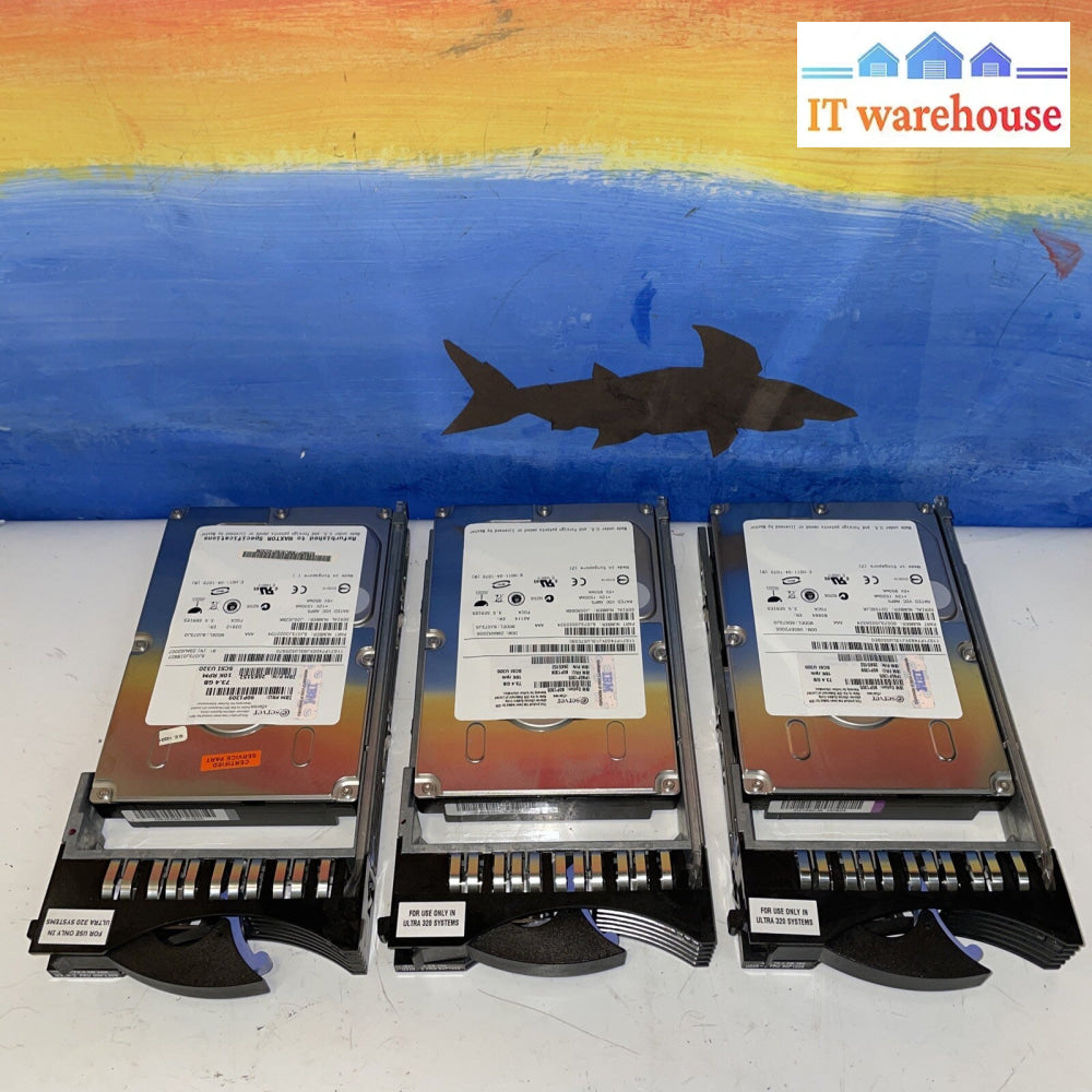 3x IBM FRU 90P1309 SCSI 10K RPM 73GB Hard Drive w/ caddy 25R4100