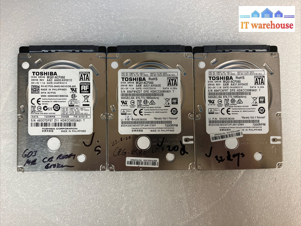 3x  Toshiba Mobile Thin MQ01ACF050 500 GB 2.5 in 7.2K SATA III Hard Drive~
