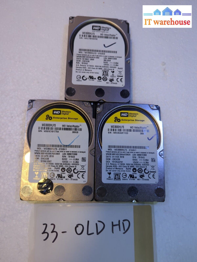 - 3x WESTERN DIGITAL VELOCIRAPTOR 300GB 10K 2.5" SATA HDD - WD3000HLFS Tested 