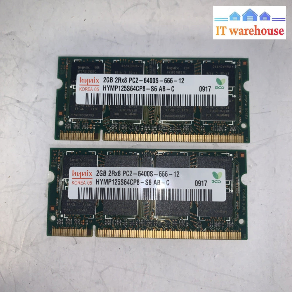 4GB = 2X 2GB Hynix  6400S 800Mhz DDR2 SODIMM 1.8V 200Pin Laptop Memory Ram