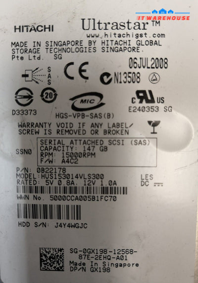 - 4x Dell Hitachi GX198 15K RPM 3.5" 147GB  3Gbps SAS Server Hard Drive @@@