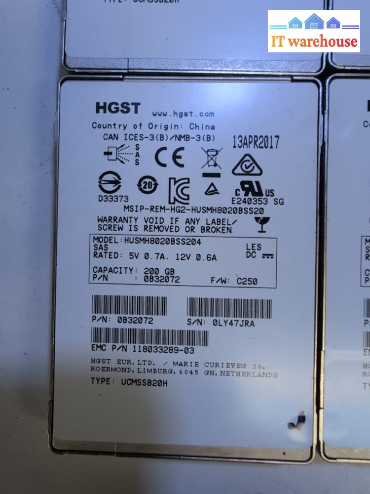 4x HGST 2.5" HUSMH8020BSS204 200GB SAS SSD 12Gbps Server Hard Drive (not SATA) -