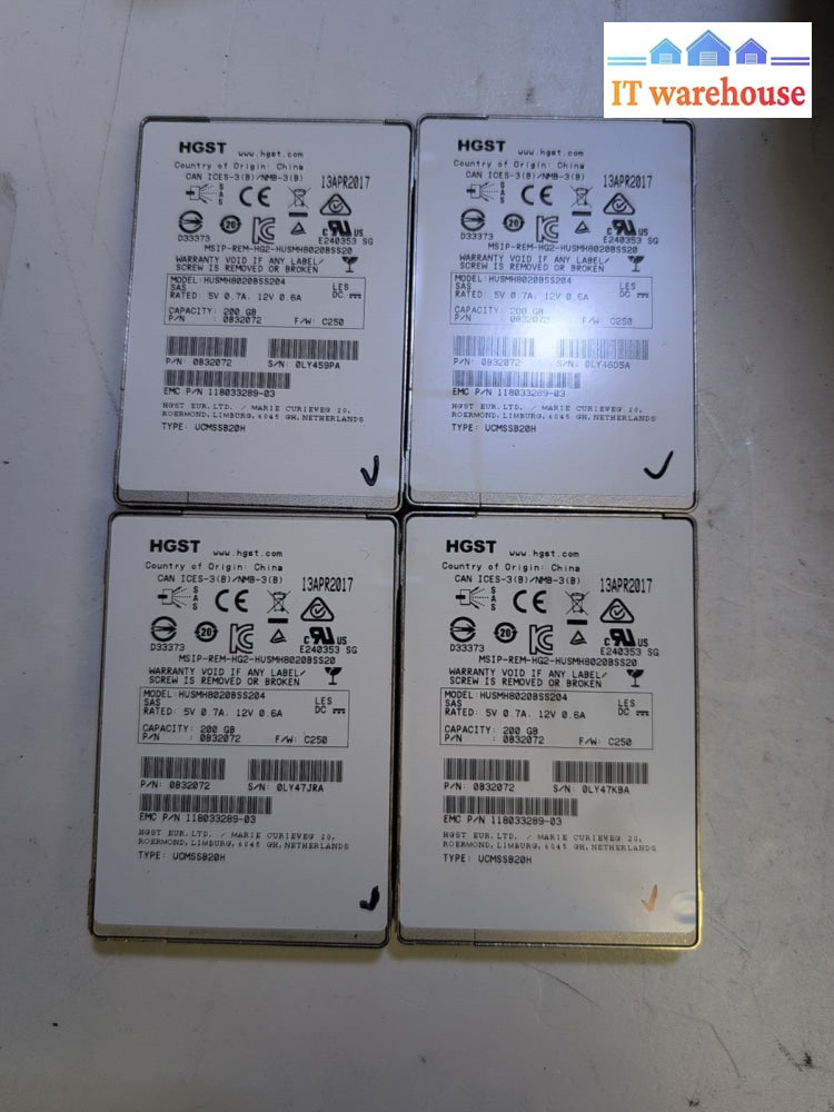 4x HGST 2.5" HUSMH8020BSS204 200GB SAS SSD 12Gbps Server Hard Drive (not SATA) -