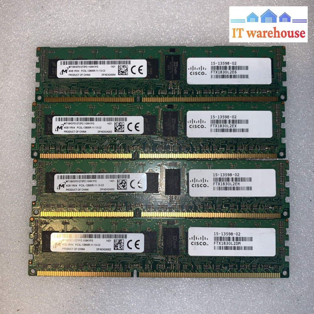 4x Micron/Cisco 4GB PC3L-12800R 1600MHz 11-13-C2 DDR3 MT18KSF51272PZ-1G6K1FG