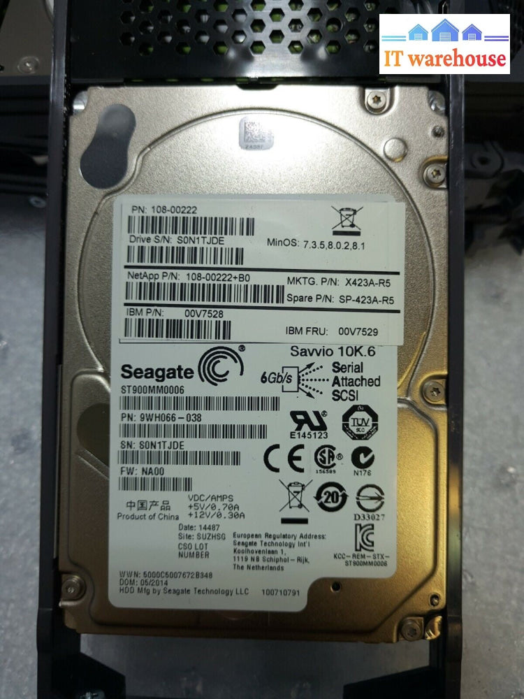 - 4x NetApp X423A-R5 900GB SAS 10K  2.5"  HDD 108-00222 00V7528 w/ Tray