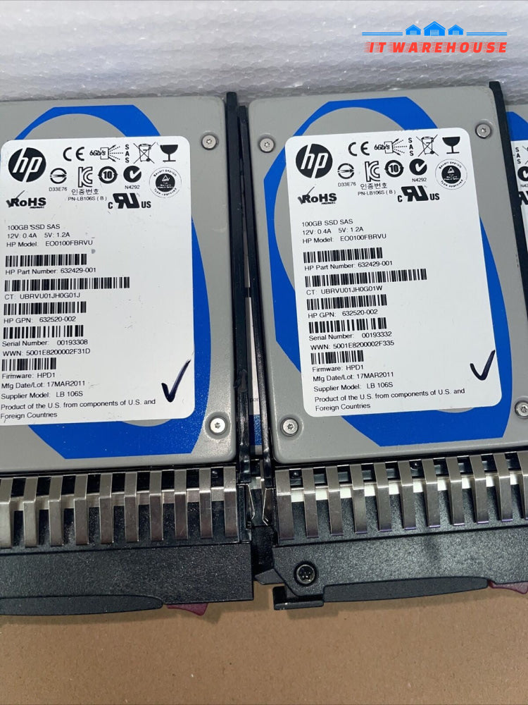 5 x HP 100GB SAS 6G 2.5'' SSD 632429-001 +Tray 500223-001 (1000 days remaining)