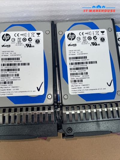 5 x HP 100GB SAS 6G 2.5'' SSD 632429-001 +Tray 500223-001 (1000 days remaining)