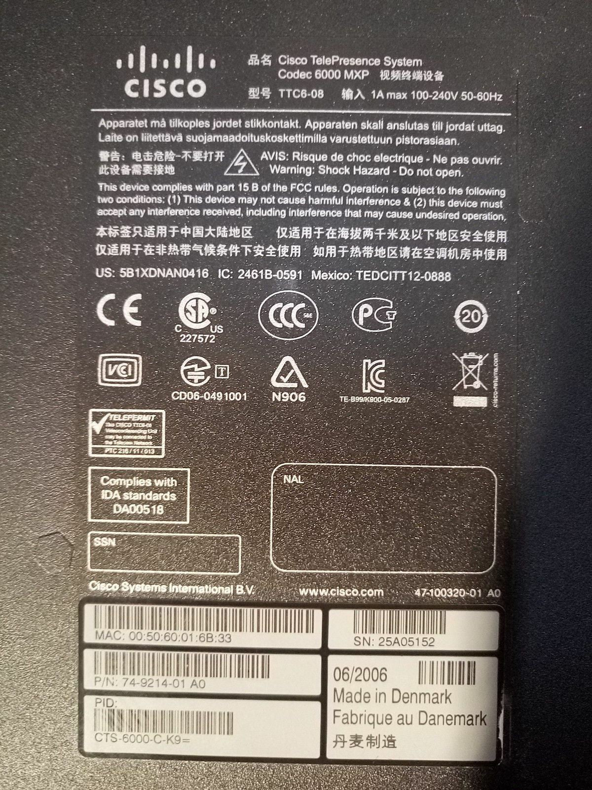 * TANDBERG TTC7-04 VIDEO CONFERENCING CAMERA, CISCO CODEC 6000MXP TTC6-08*