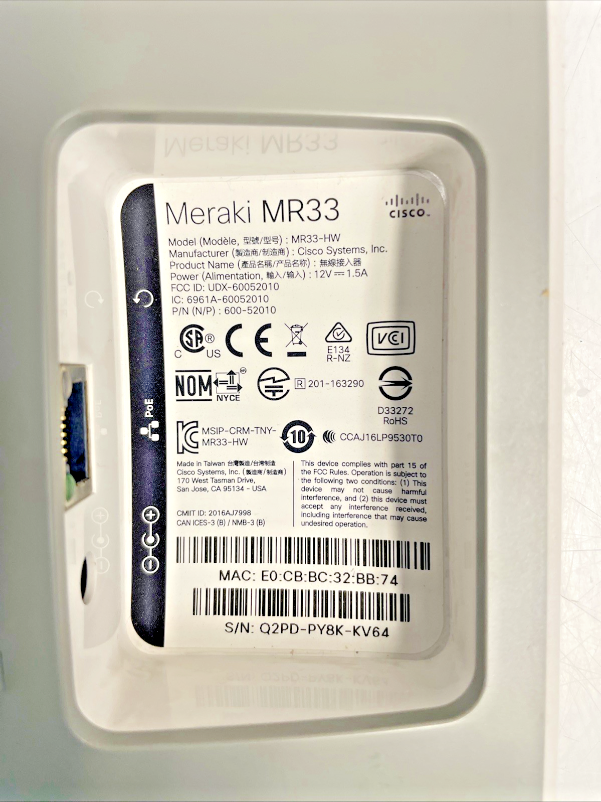 Cisco Meraki MR33-HW Access Point  no MOUNT no AC  +
