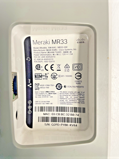 Cisco Meraki MR33-HW Access Point  no MOUNT no AC  +