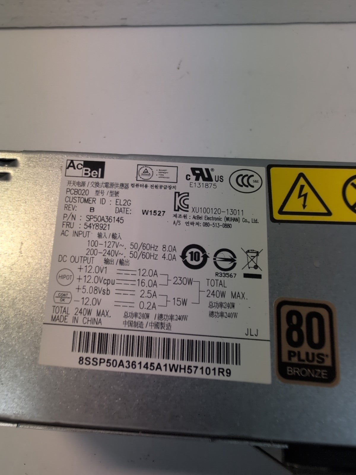 Lenovo ThinkCentre 14 Pin 240W Desktop Power Supply 54Y8921 PCB020 -