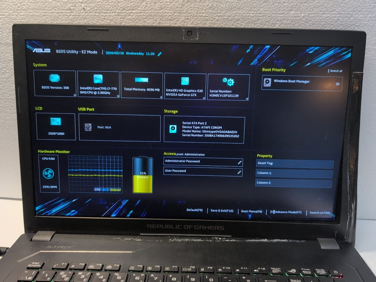 (AS IS) ASUS ROG Strix GL753V 17" LAPTOP  i7-7700HQ/NVIDIA GTX 630 (NO RAM/SSD)-