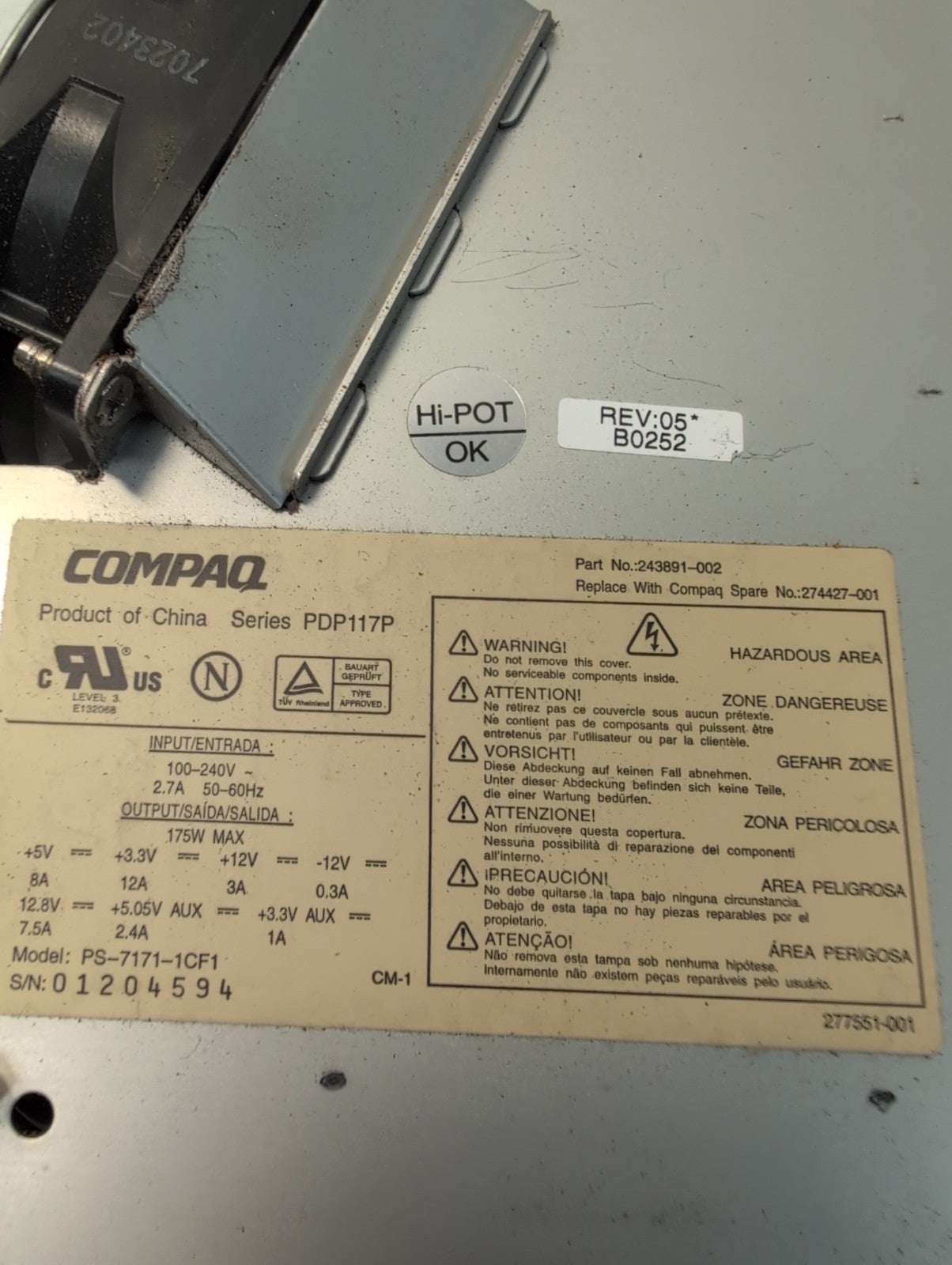 🔥 Compaq 175W PSU PDP117P PS-7171-1CF1 243891-002 14-Pin P3/P4 Power Supply -