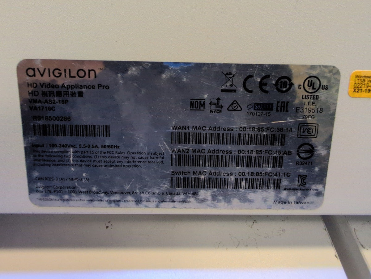 🎸 Avigilon VMA-AS2-16P Video Appliance Pro NVR 16-Port PoE i5-6500 8GB 250G SSD